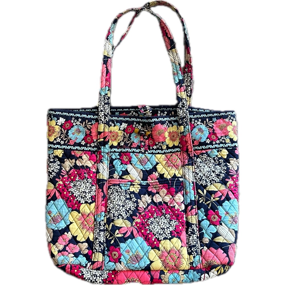 Vera Bradley Tote Bag Women Large Black Pink Floral Quilted Cotton Excellent